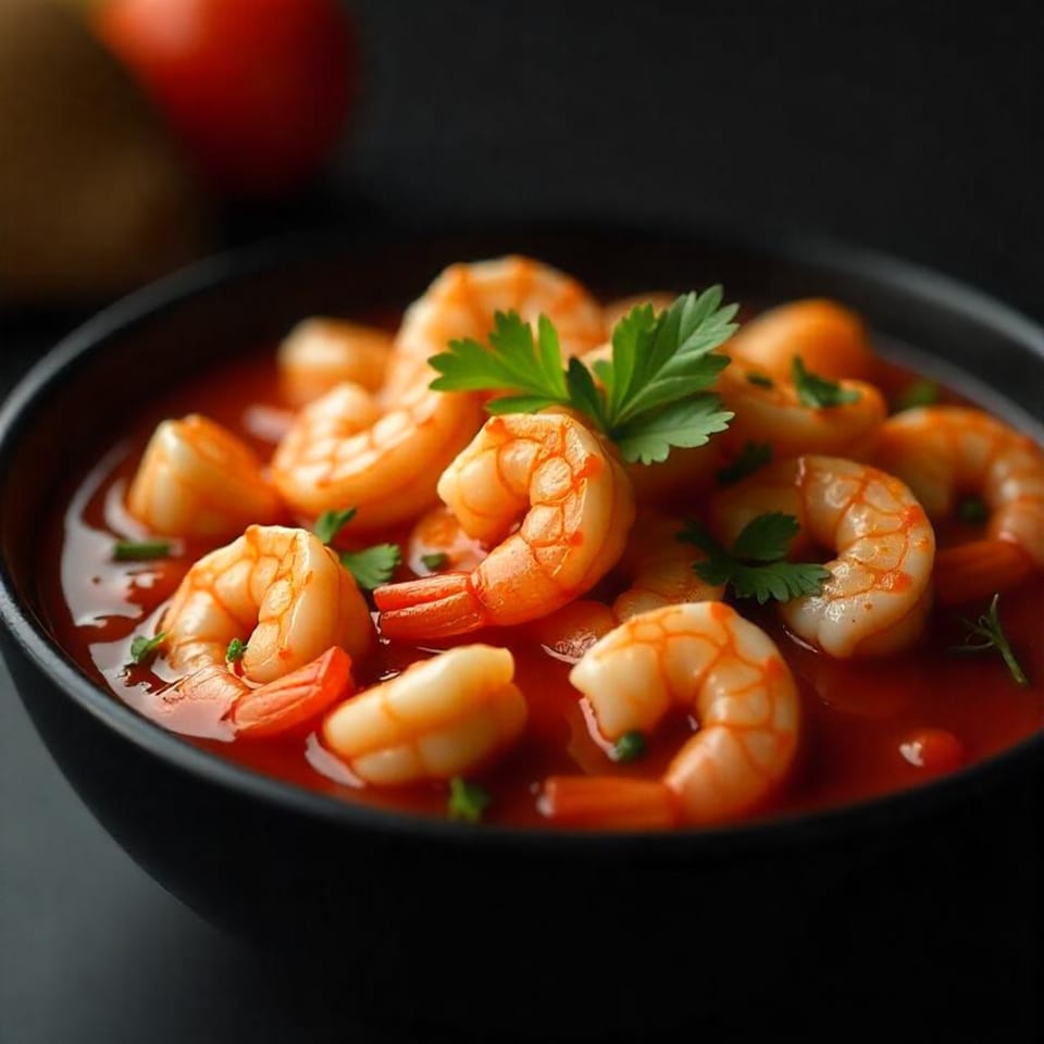 Tacolandia's camarones a la diabla, shrimp in a vibrant red sauce, garnished with fresh parsley.