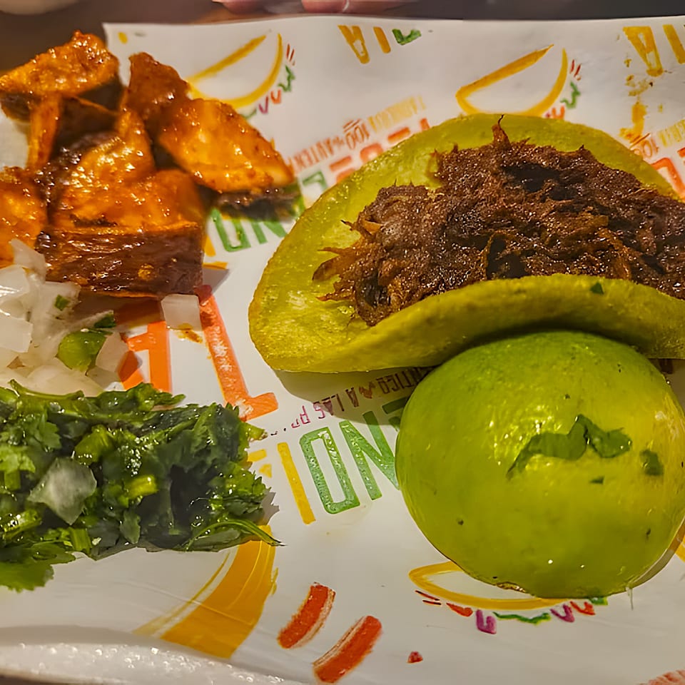 Tacolandia's birria taco with a side of chicken wings, cilantro, onions, and a lime.