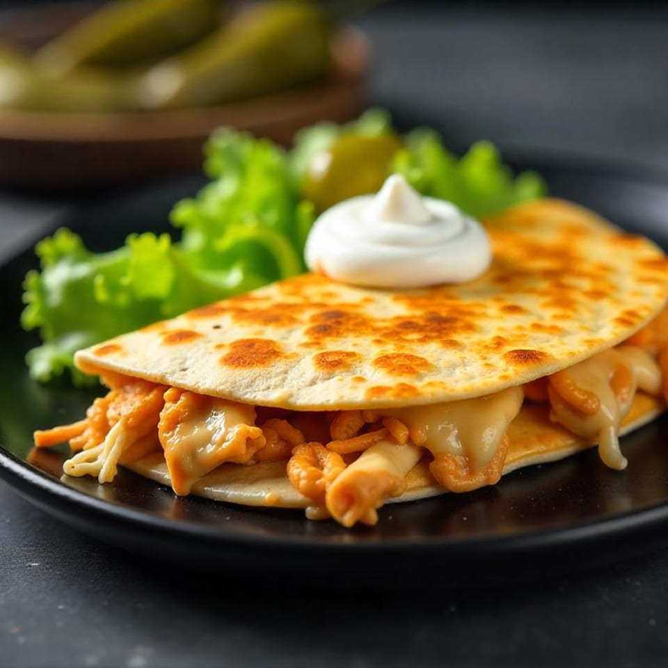 A chicken quesadilla with melted cheese, sour cream, and lettuce on a black plate.