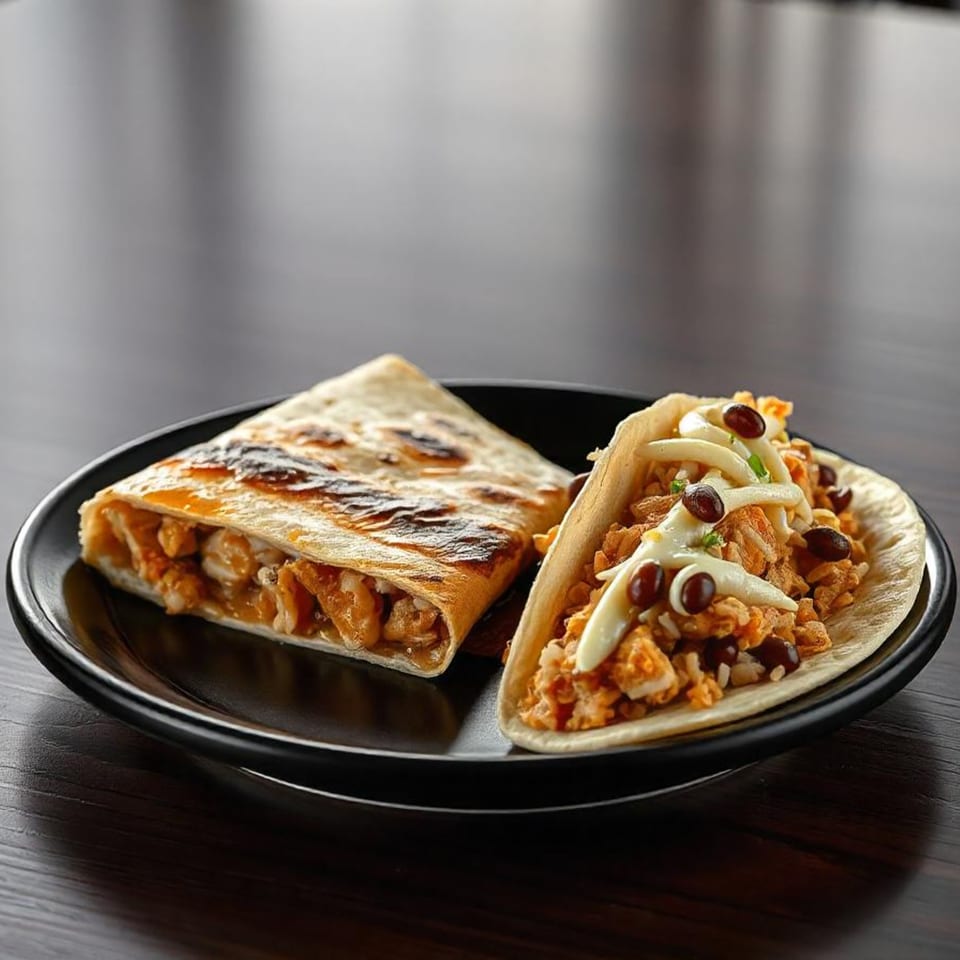 A chicken quesadilla and a chicken taco with black beans and crema on a black plate.