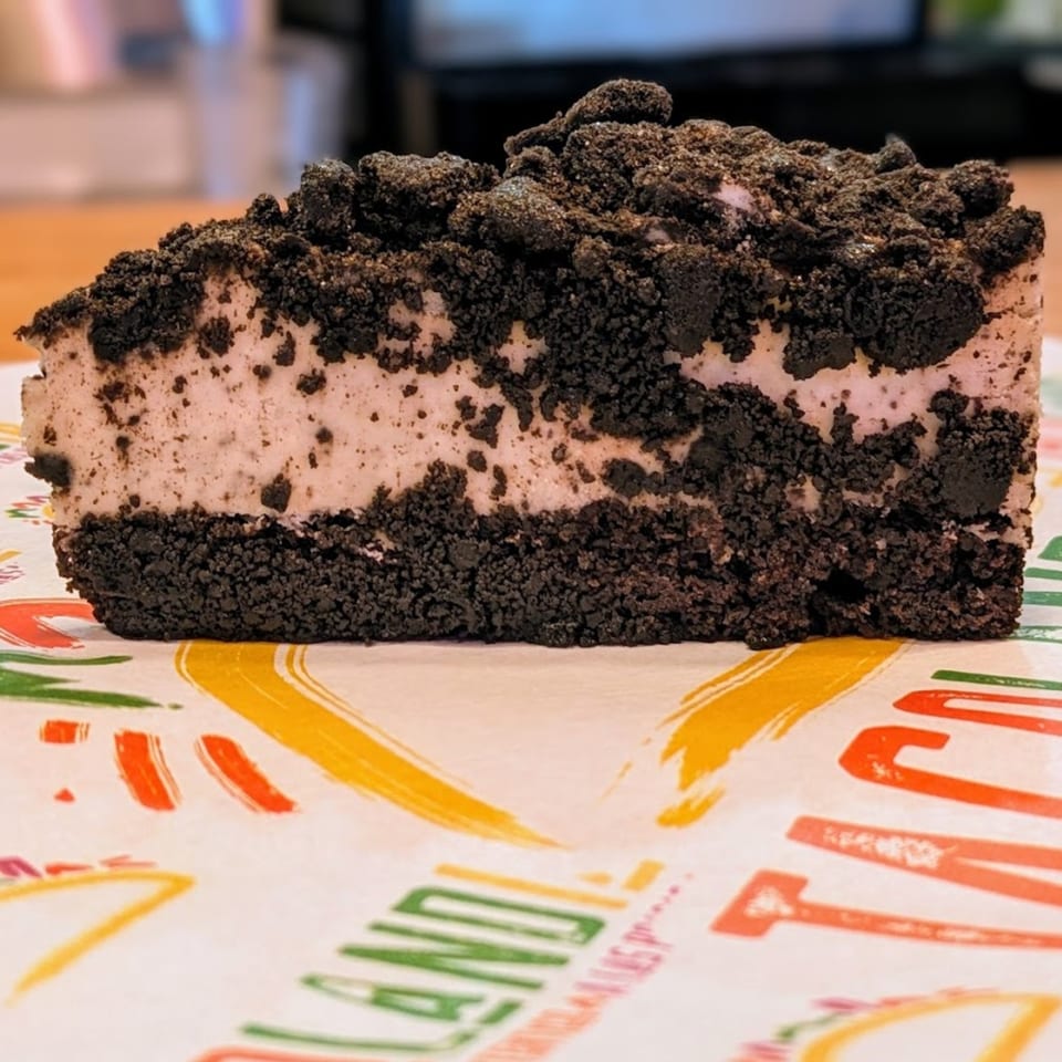 A slice of cookies and cream cheesecake with a dark cookie crust and topping on a colorful placemat.